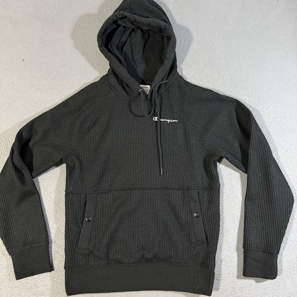 Champion Men's Size Small Black Waffle Lightweight Hoodie Sweatshirt